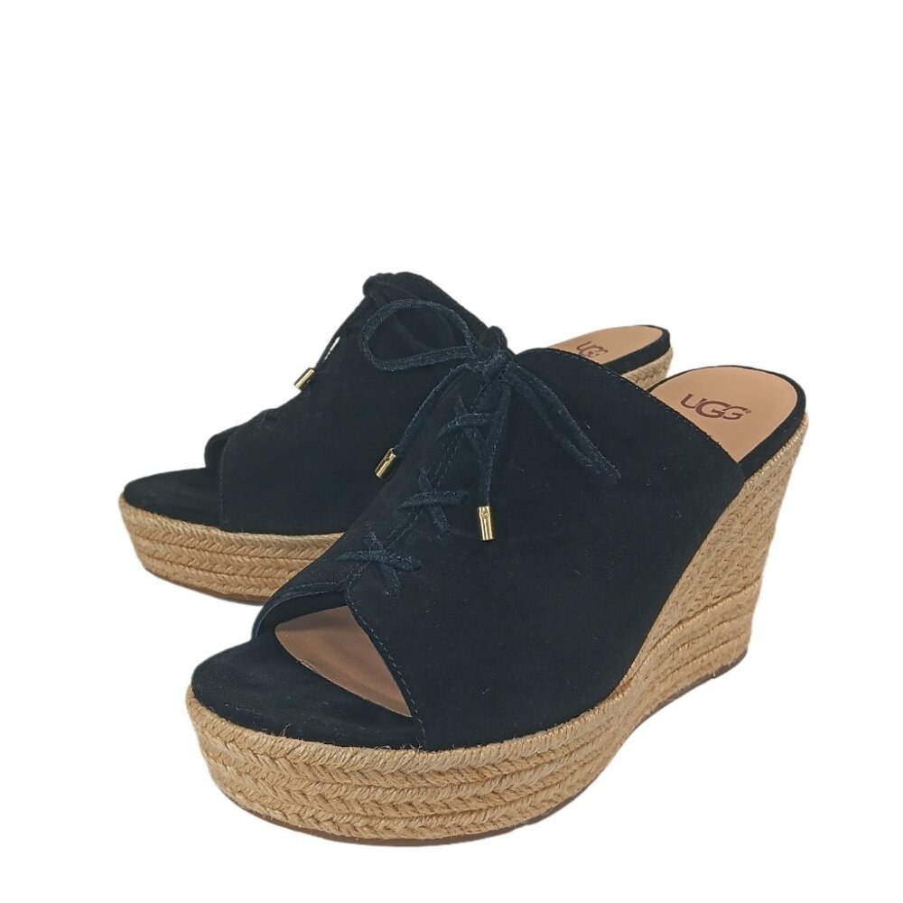 UGG Giorgia Wedge Sandals Womens 9 Black Suede Lace-Up Platform Espadrille Mules